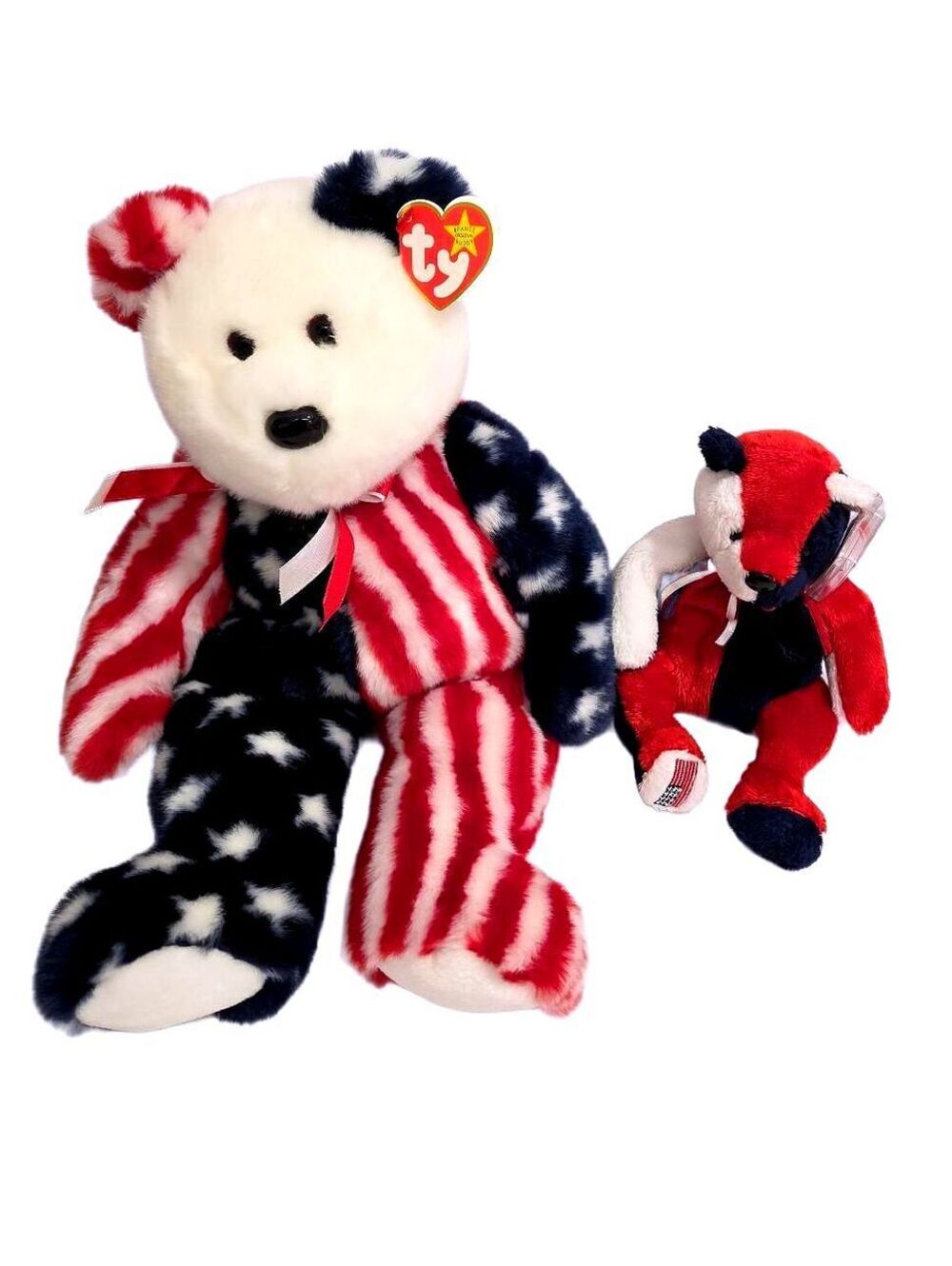 Vintage Ty Bear Set Spangle 1999 Beanie Buddy 14" + Patriot Beanie Baby 7" Tags